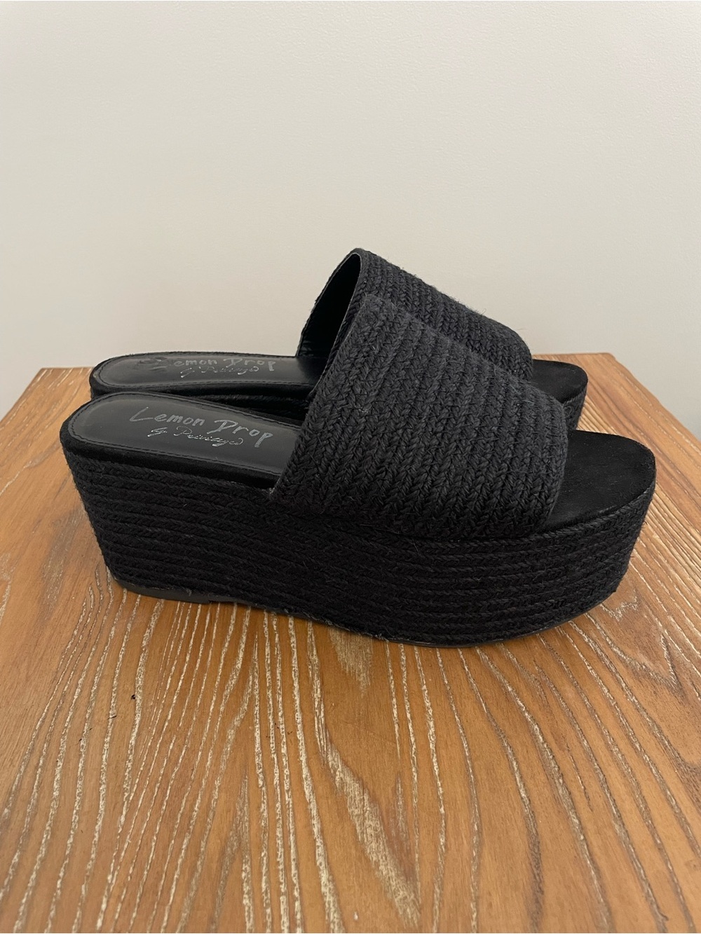 Lemon Drop by Privilege Black Wafa Platform Espadrille Peep Toe Woven Sandals